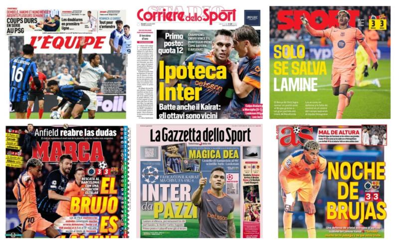 كوره الأن |أبرز عناوين أغلفة الصحف الرياضية العالمية: “ليلة السحر”: كلوب بروج 3-3 برشلونة”